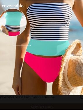 Striped Bandeau One-Piece Swimsuit with Mint Band and Hot Pink Bottoms